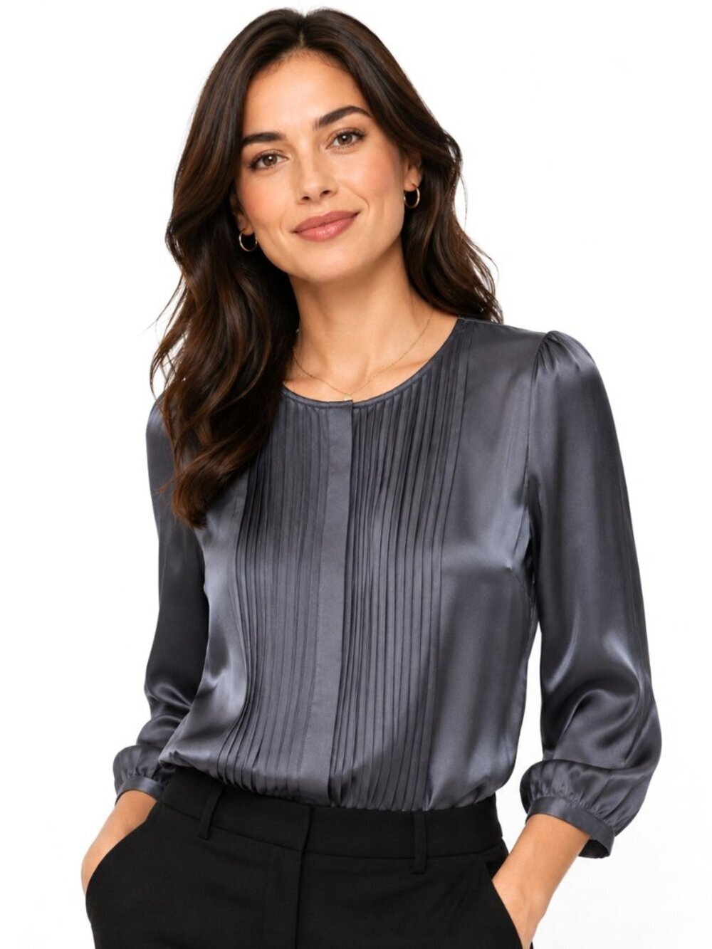 BCBGMaxAzria Charcoal Grey Pleated Silk Blouse